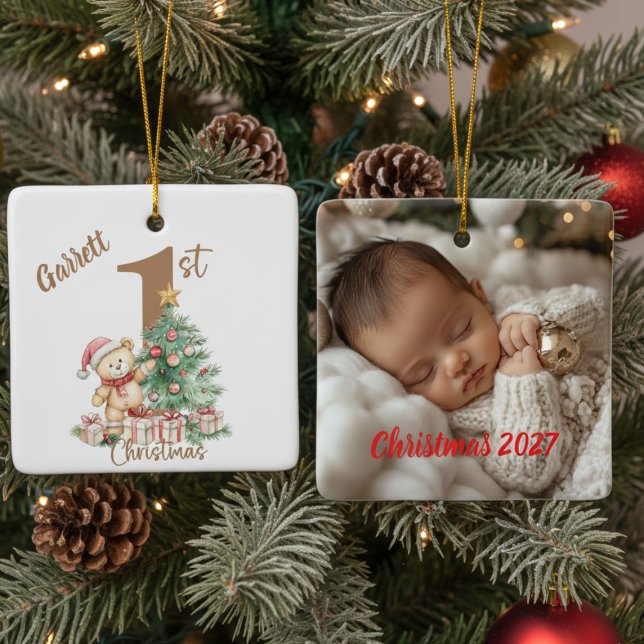 Ornamento De Cerâmica Teddy Bear 1st Christmas Photo (Teddy Bear baby first Christmas personalized photo ornament
)