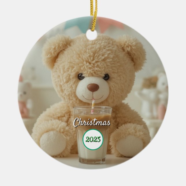 Ornamento De Cerâmica Teddy Bear Coffee 2025 Christmas (Frente)