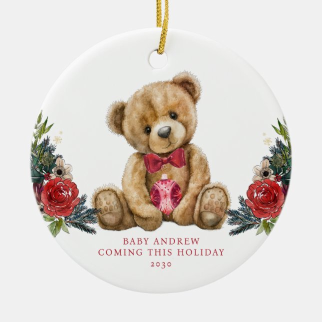 Ornamento De Cerâmica Teddy Bear Holiday Announce Keepsasak (Frente)