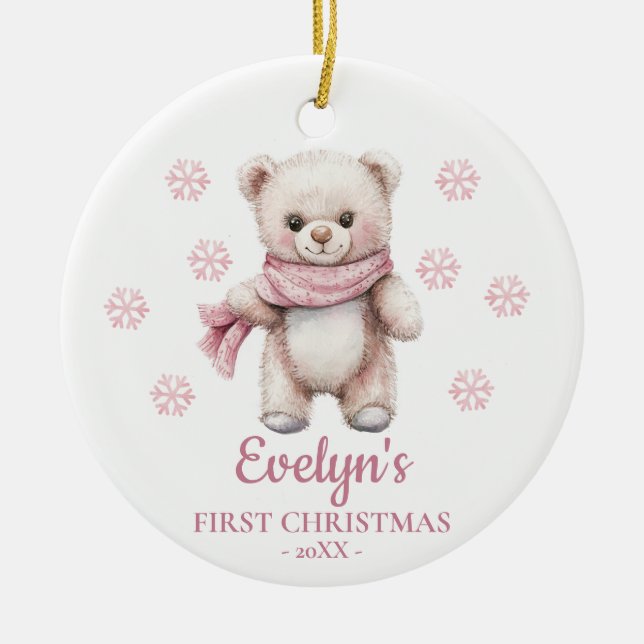 Ornamento De Cerâmica Teddy Bear Personalized Girl's First Christmas (Frente)