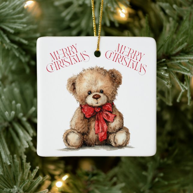 Ornamento De Cerâmica Teddy Bear with Red Bow | Merry Christmas Ornament (Árvore)