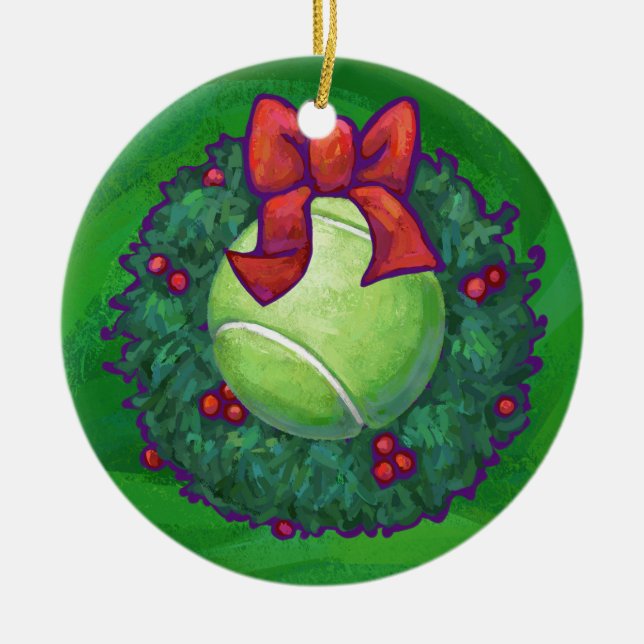 Ornamento De Cerâmica Tênis Ball Christmas Wreath on Green (Frente)