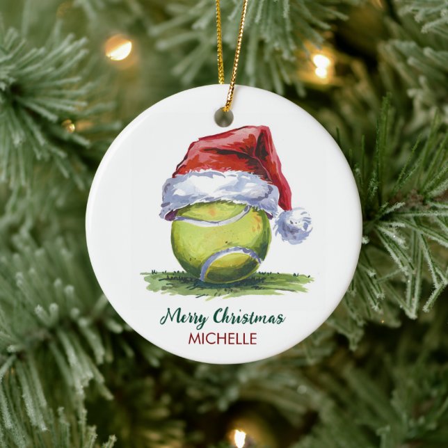 Ornamento De Cerâmica  Tennis Ball with Santa Hat Custom Christmas       (Árvore)