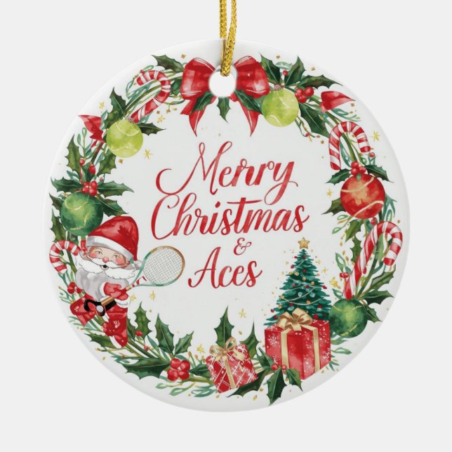 Ornamento De Cerâmica Tennis Christmas with tennis ball and Santa   (Frente)