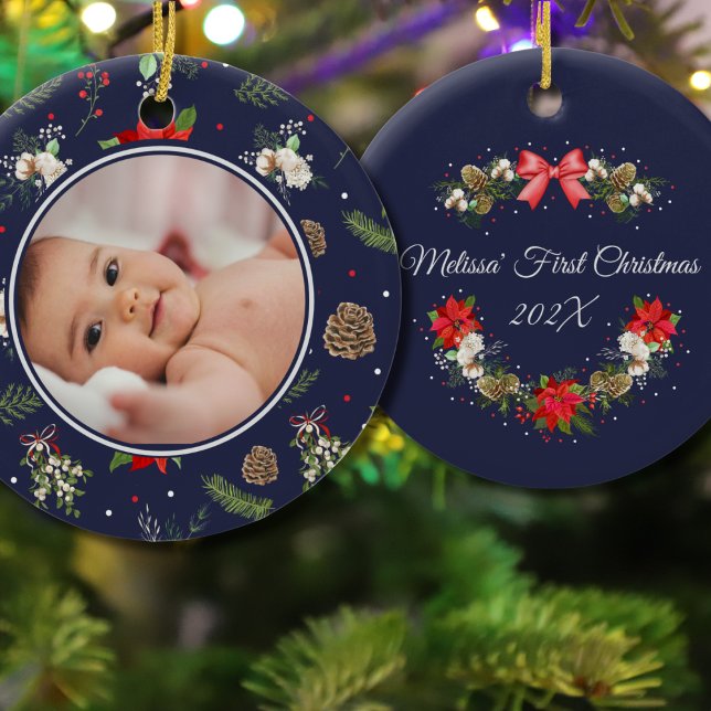 Ornamento De Cerâmica Terra de Natal Botânica Elegante Primeiro Natal (Criador carregado)