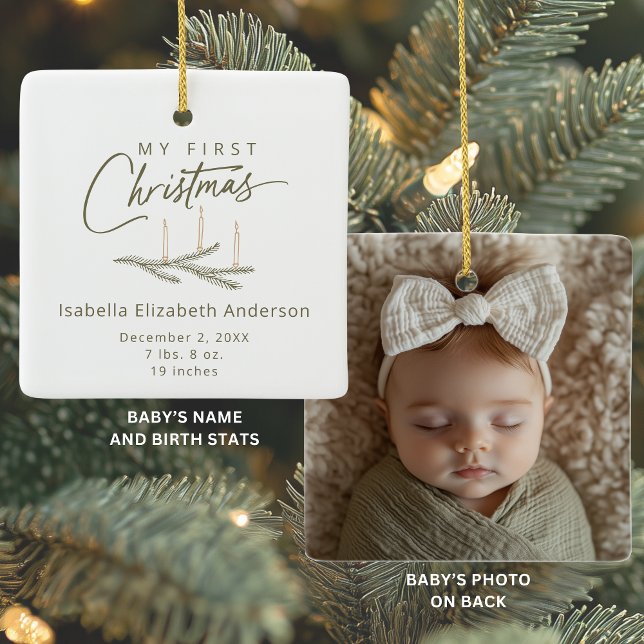 Ornamento De Cerâmica Terra Tons Nascimento Stats Foto Meu Primeiro Nata (Shown on a Ceramic Square Ornament)