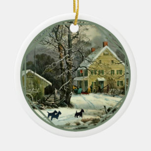 Ornamento De Cerâmica Terrier Escocês Inverno à Antiga