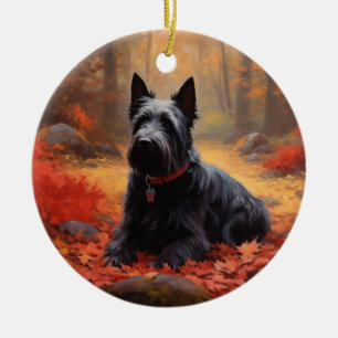 Ornamento De Cerâmica Terrier Escocês nas Folhas de Outono Caem Inspiraç