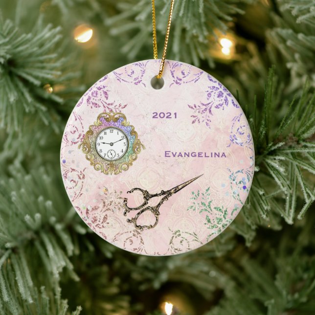 Ornamento De Cerâmica Tesoura Dourada Rosa Vintage (Árvore)