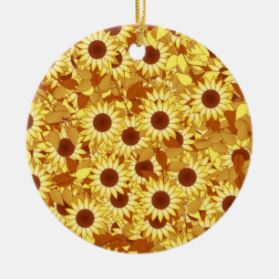 Ornamento De Cerâmica Teste padrão do girassol - ouro, amarelo e marrom