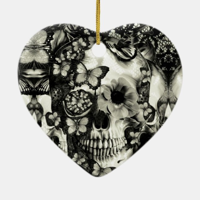 Ornamento De Cerâmica Teste padrão gótico do crânio do laço do Victorian (Verso)