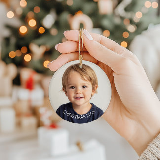 Ornamento De Cerâmica Texto Branco da Foto de Natal Anual