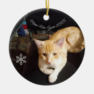 Ornamento De Cerâmica Texto de Foto de Gato, Personalizar, Feliz Ano Nov