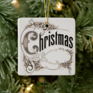 Ornamento De Cerâmica Texto de Natal Antigo com Bordas Ornamentadas