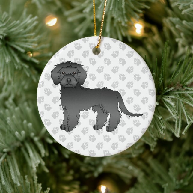 Ornamento De Cerâmica Texto e Cão Mini Goldendoodle Preto (Árvore)