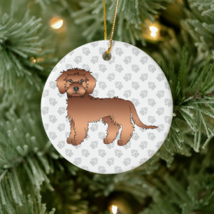 Ornamento De Cerâmica Texto e Cão Mini Goldendoodle Vermelho