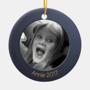 Ornamento De Cerâmica Texto e foto personalizadas do Azul duplo 2 x