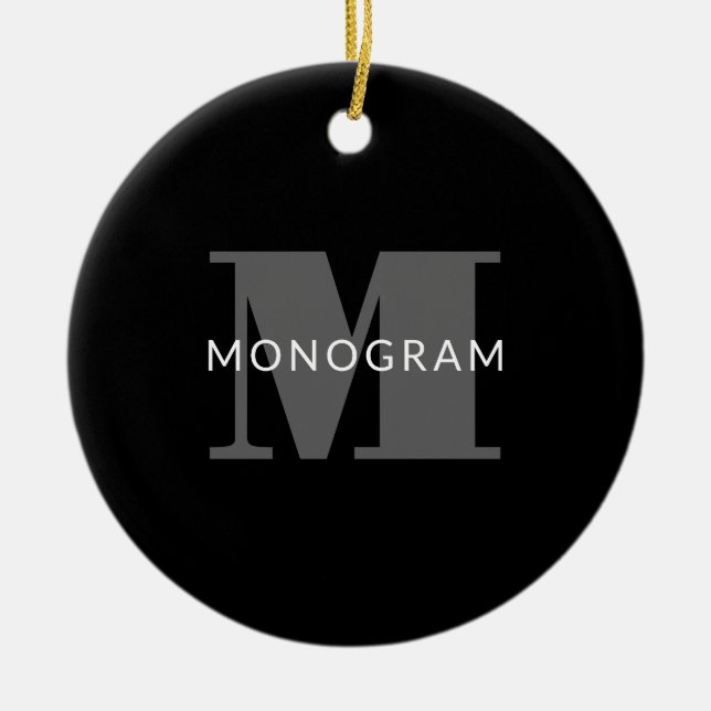 Ornamento De Cerâmica Texto editável em negrito | Cinza e branco preto (Frente)