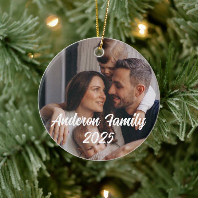 Ornamento De Cerâmica Texto Personalizado de Fotografia da Família Natal (Árvore)