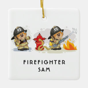 Ornamento De Cerâmica Texto Personalizado dos Ursos de Combate a Incênd