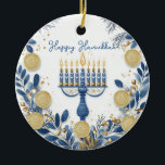 Ornamento De Cerâmica Texto personalizado Festival de Luzes Harmonia<br><div class="desc">Este requintado ornamento cerâmico de Chanucá, chamado "Festival de Luz Harmony", é um complemento perfeito para sua decoração de férias. Apresenta uma estrela de David, maravilhosamente trabalhada, num estilo de vidro colorido, com tons ricos de azul, ouro e marrom, criando um elegante efeito mosaico. No centro, letras brancas ousadas soletram...</div>
