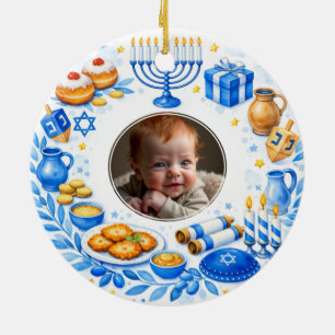 Ornamento De Cerâmica texto personalizado foto Primeiro Hanukkah do Beb