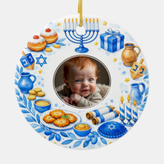 Ornamento De Cerâmica texto personalizado foto Primeiro Hanukkah do Beb