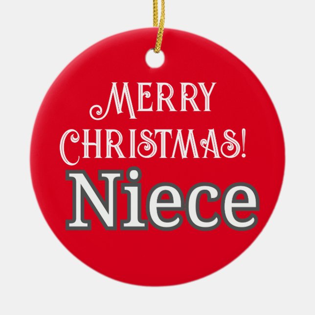 Ornamento De Cerâmica Texto vermelho brilhante Feliz Natal Niece (Frente)