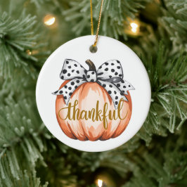 Ornamento De Cerâmica Thankful Pumpkin with Polka Dot Bow 