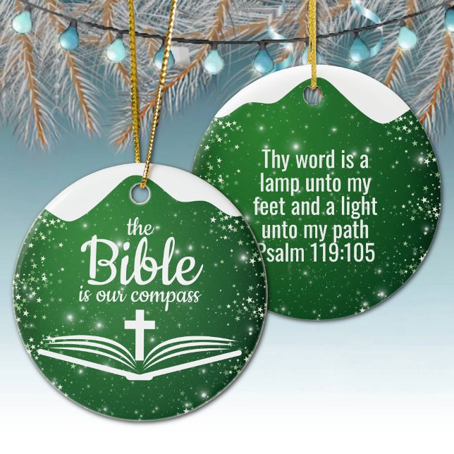 Ornamento De Cerâmica The Bible is our Compass Bible Verse Festive  ⛪️🎄 (Customizable The Bible is our Compass, Bible Verse Festive Ceramic Ornament Green Psalm 119:105 ✞)