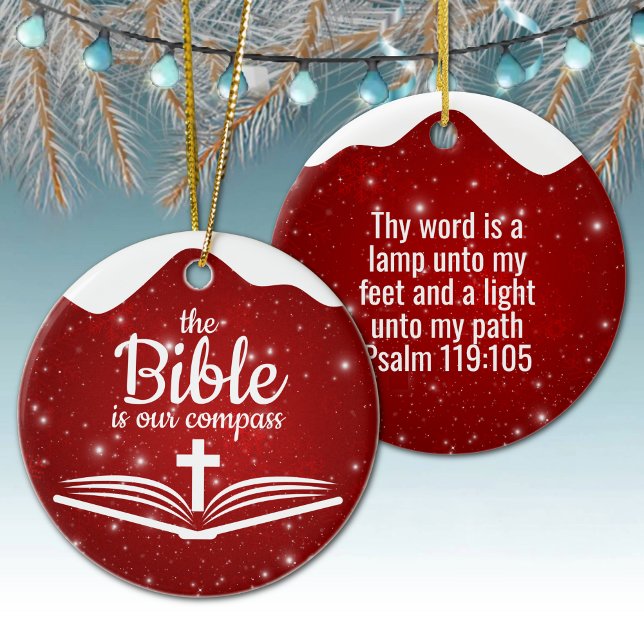 Ornamento De Cerâmica The Bible is our Compass Bible Verse Festive  ⛪️🎄 (Customizable The Bible is our Compass, Bible Verse Festive Ceramic Ornament Snowy berry red Psalm ✞)