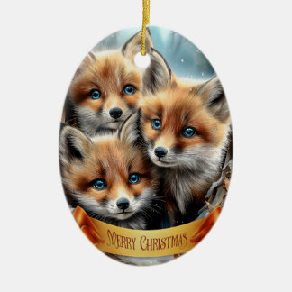 Ornamento De Cerâmica Three Cute Fox Cubs in Forest