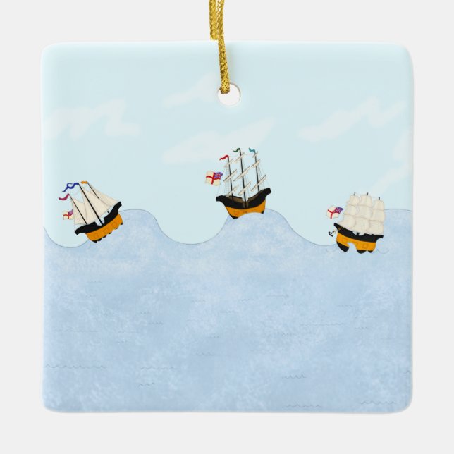 Ornamento De Cerâmica Three Ships Sailing on the Rolling Sea (Frente)