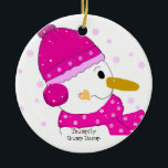 Ornamento De Cerâmica Thumpit Pink Snowman<br><div class="desc">Um bonitinho bonitinho vestindo chapéu e cachecol com uma doce expressão no rosto. As palavras "thumpity,  thump thump" podem ser alteradas como desejado.</div>