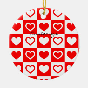 Ornamento De Cerâmica Thunder_Cove do Padrão de Xadrez do Coração Ver