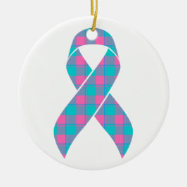 Ornamento De Cerâmica Thyroid Cancer Awareness Plaid Teal Ribbon