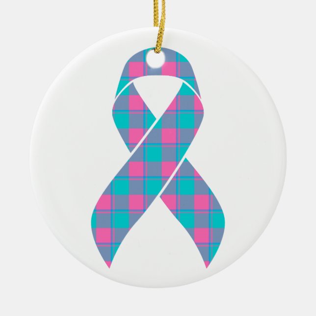 Ornamento De Cerâmica Thyroid Cancer Awareness Plaid Teal Ribbon (Frente)
