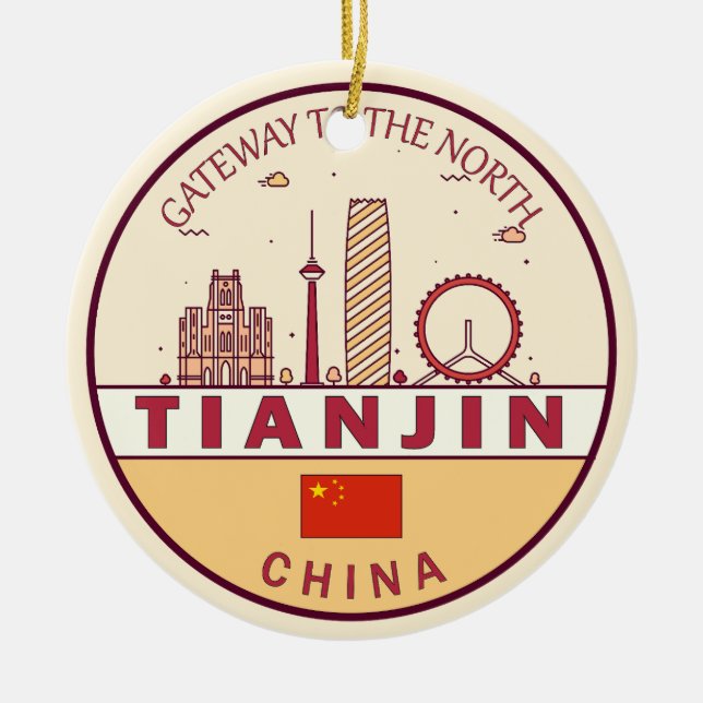 Ornamento De Cerâmica Tianjin China City Skyline Emblem (Frente)