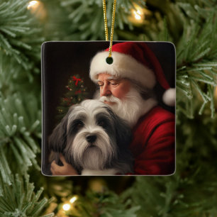Ornamento De Cerâmica Tibetan Terrier Papai Noel Natal Festivo