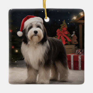 Ornamento De Cerâmica Tibetano - Cão terrier no Natal da neve