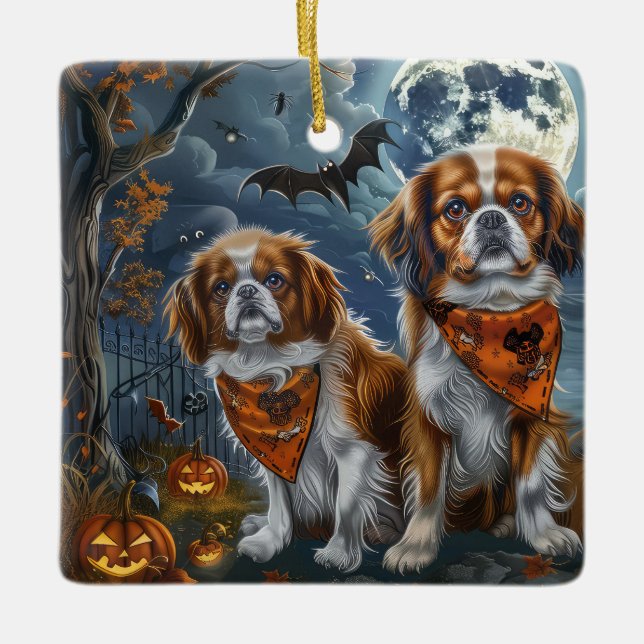 Ornamento De Cerâmica Tibetano Spaniel Halloween Spooky (Frente)