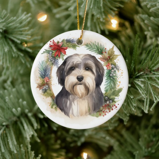 Ornamento De Cerâmica Tibetano Terrier Christmas Wreath Festivo Pup (Árvore)