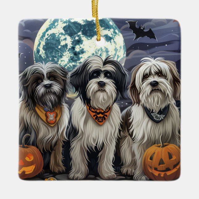 Ornamento De Cerâmica Tibetano Terrier Halloween Spooky (Frente)