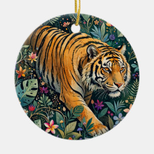Ornamento De Cerâmica Tigre com Olhos Âmbar Folhagem da Selva Fantasia