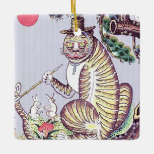 Ornamento De Cerâmica Tigre Minhwa com Coelhos e Cachimbo