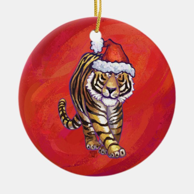 Ornamento De Cerâmica Tigre Natal em Vermelho (Frente)