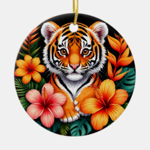 Ornamento De Cerâmica Tigre Rodeado por Flores Tropicais