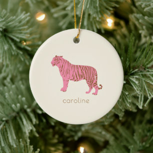 Ornamento De Cerâmica Tigre Rosa Personalizado Nome Préppy Natal