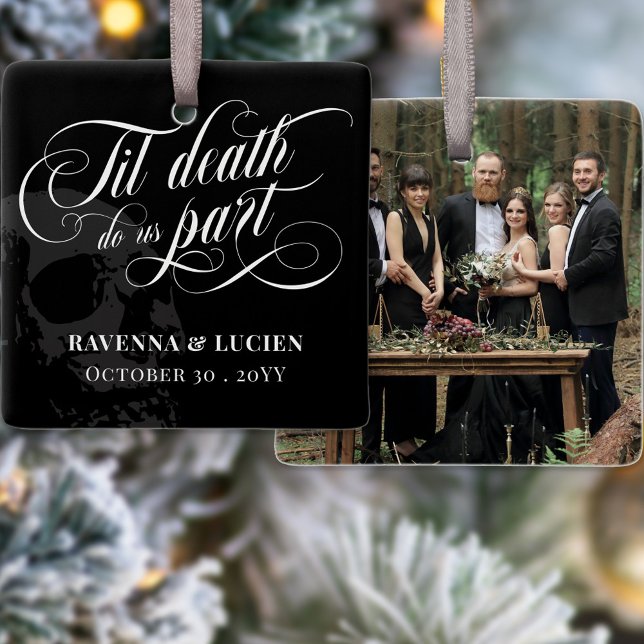 Ornamento De Cerâmica Til Death Do Us Part Skull Gótico Wedding Photo (Criador carregado)