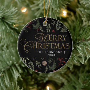 Ornamento De Cerâmica Tipografia Botânica Moderna Preta de Natal